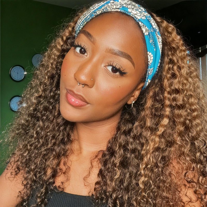Bellarayine Brazilian Human Hair Headband Wig - Deep Wave, Highlight, Curly, Glueless (14 inch, 4/27 Highlight)
