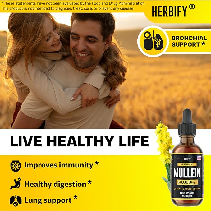 HERBIFY Mullein Extract 2 oz Tincture for Respiratory Health, Mullein Leaf and Flowers Blend (Verbascum Densiflorum)