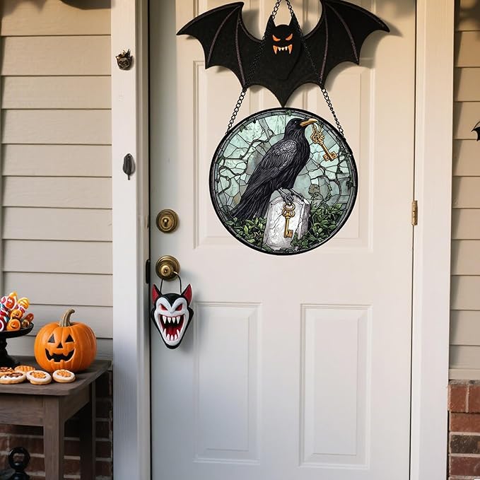Stained Glass Window Hanging - Halloween Crow Holding A Key Suncatcher for Doors Garden Home Spooky Green Vines Sun Catchers Gothic Decor Horror Gift for Women Men Friend Boy Girl 7.8 in