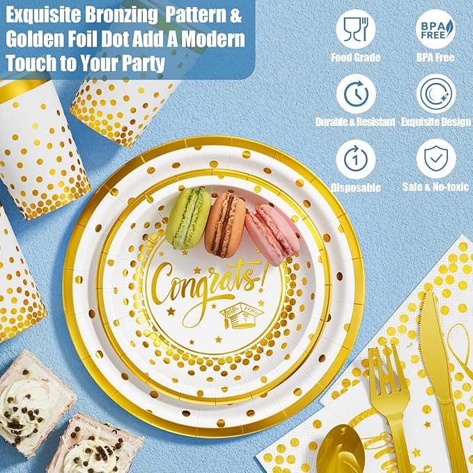 Ecomore 2026 Graduation Decorations - 245 PCS Grad Disposable Dinnerware(Serve 25) & Graduation Party Supplies With Congrats Paper Plate Cup Napkin Cutlery Tablecloth Backdrop Balloon Kit - White Gold