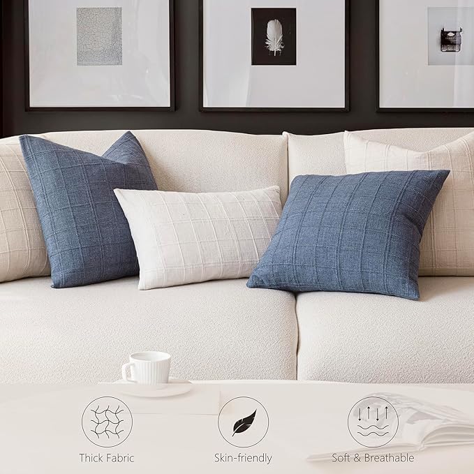 Foindtower Set of 2 Decorative Linen Check Throw Pillow Covers Neutral Farmhouse Vintage Cushion Covers Modern Boho Home Decor for Sofa Chair Couch Bedroom Living Room,26×26 Inch,Natural Beige