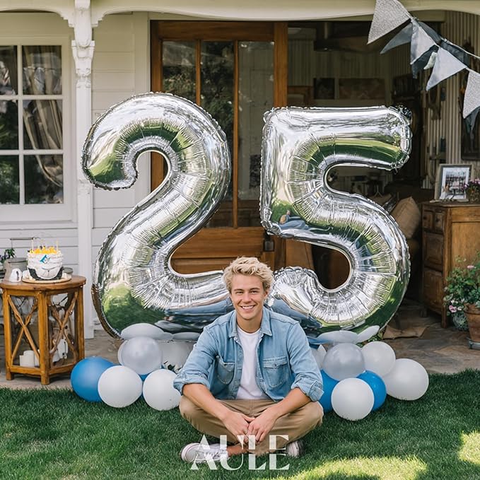 AULE 40 Inch Large 25 Number Balloons Silver, Big Foil Number Balloons, Giant Helium Happy 25th Birthday Party Decorations for Man and Women, Huge Mylar Anniversary Party Supplies