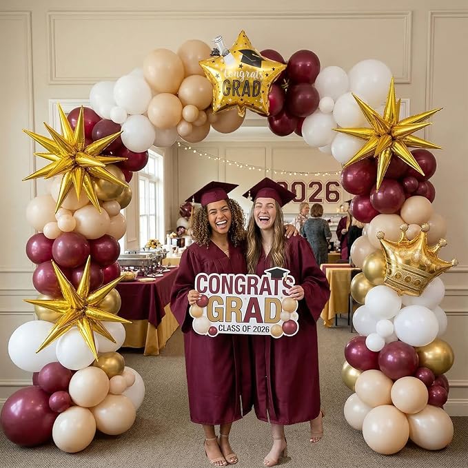 Burgundy White Gold Graduation Balloon Garland Arch Kit 126PCS with foil Star Crown graduation Cap balloons for School students graduate class of 2026 Prom Party decorations