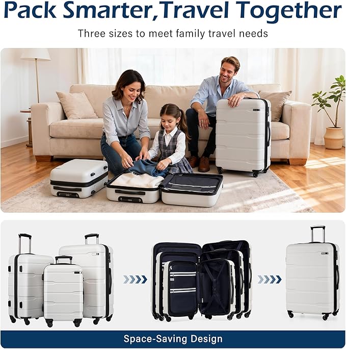 Coolife Luggage Set 3 Piece Hardside PC+ABS Suitcase with TSA Lock, Expandable Large Checked Luggage, Lightweight Rolling Carry On with Spinner Wheels(20/24/28 Inch, White)