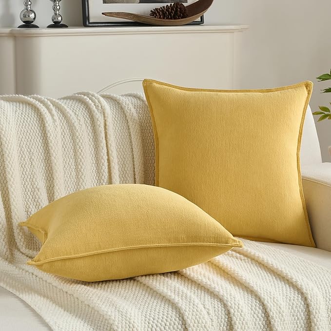 FUTEI Mustard Yellow Chenille Throw Pillow Covers 24x24 Inch Set of 2,Edges Double-Stitched European Cushion Cases,Modern Home Decor for Couch Living Room
