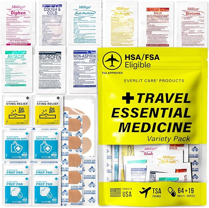 EVERLIT CARE Travel Essential Medicine First Aid Kit I Bonus Medical Supplies I TSA Compliant Mini Size Medkit for Traveling Camping Trips Individually Packed 64 Tablets (Refill Pack)