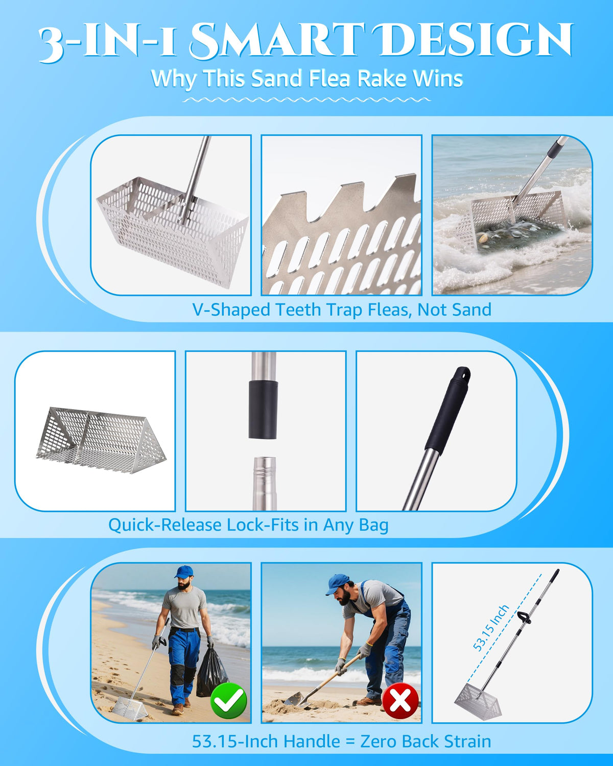 Sand Flea Rake 16" Wide - Detachable 54" Handle with Shark Tooth Screen - Stainless Steel Beach Rake for Fishing Bait, Shelling, Yard Cleaning - Saltwater Rust Proof & Portable