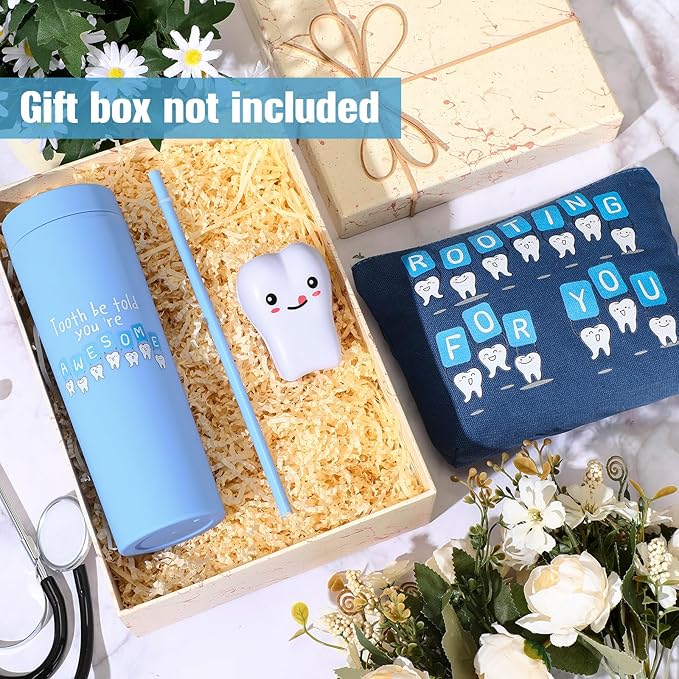 Skylety 3 Pcs Dental Hygiene Month Gifts Dental Assistant Hygienist Appreciation Gift 16oz Tumbler with Lid Cute Teeth Makeup Bag Stress Toy Employee Thank You Dentist Coworker Nurse Student(Blue)
