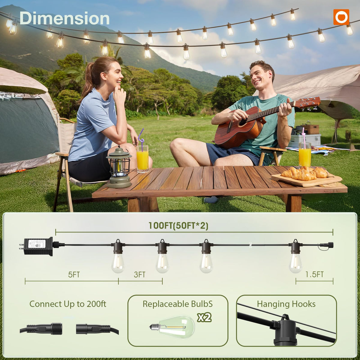 addlon 100FT Outdoor String Lights LED with Remote Dimmable Waterproof