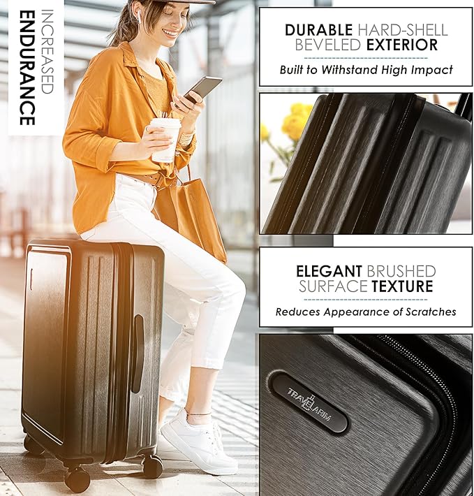 TRAVELARIM Hard Shell Luggage Sets with Spinner Wheels 4 Piece, Expandable Large Suitcases with TSA Lock, Travel Large Suitcase Set, Black Luggage Set
