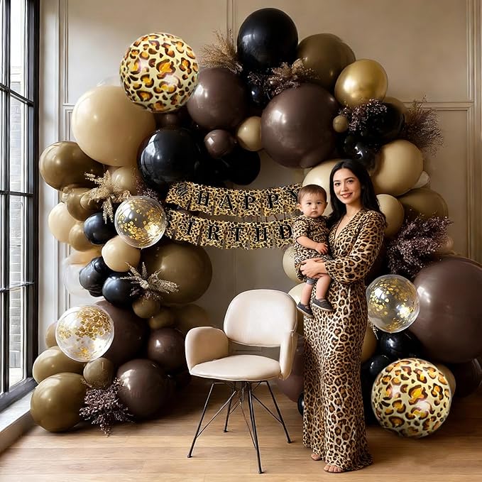 Brown Black Balloon Arch Double Stuffed Cheetah Birthday Balloon Garland Kit Coffee Tan Nude Gold Balloons for Cheetah Leopard Print Birthday Animal Jungle Neutral Baby Shower Wedding Wild Party Decor