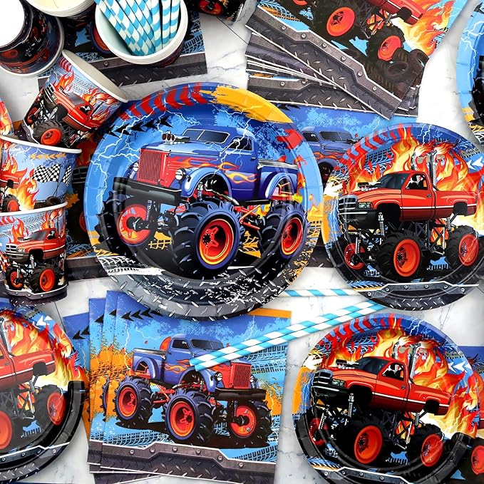 Monster Trucks Birthday Decorations - Monster Trucks Party Supplies including Plates, Cups, Napkins, Tablecloths for Boys - Serves 20 (6-20)