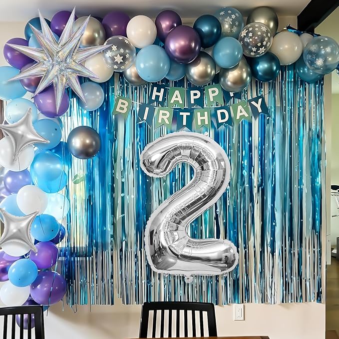 Snow 2nd Birthday Decorations Girl, Snowflake Balloon Garland Arch Kit, Laser Explosion Star Balloons, Silver Number 2 Balloon Tower for Baby Shower Girls 2nd Snow Theme Party Supplies