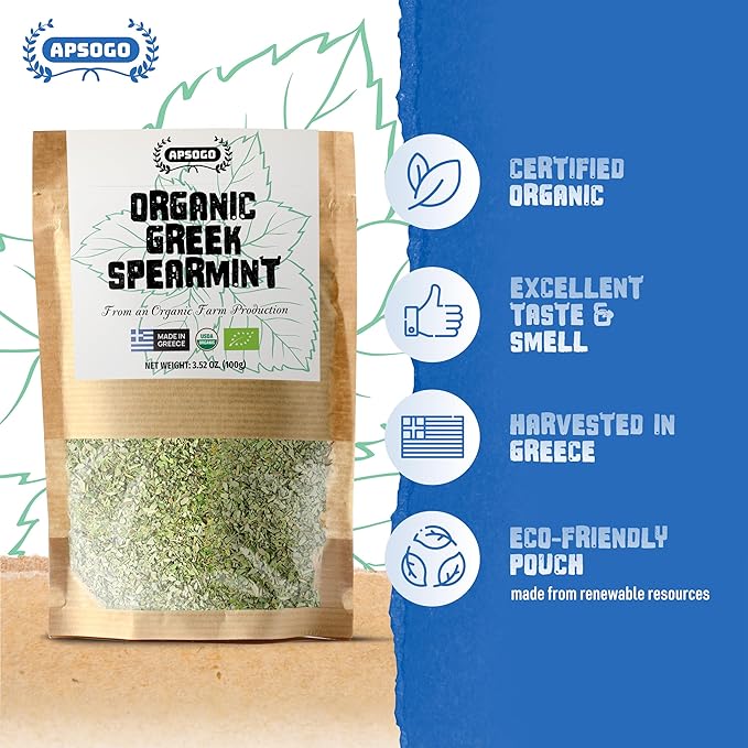 APSOGO Organic Spearmint - Premium Greek Herbal Tea & Culinary Mint - Naturally Sweet Aroma - 3.52 oz