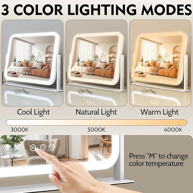 Lighted Makeup Mirror, 17"x13" Vanity Mirror with Lights and 10X Magnification, 3 Color Lighting Modes, Smart Touch Control, 360° Rotation for Bedroom or Tabletop (White)