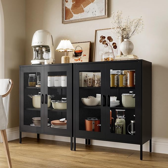 Bathroom Floor Storage Cabinet,40" H Metal Locker, Small Black Cabinets with 2 Adjustable Shelves & 4 Doors,Freestanding Sideboard,Pantry Food Cabinet for Hallway,Home Office, Kitchen