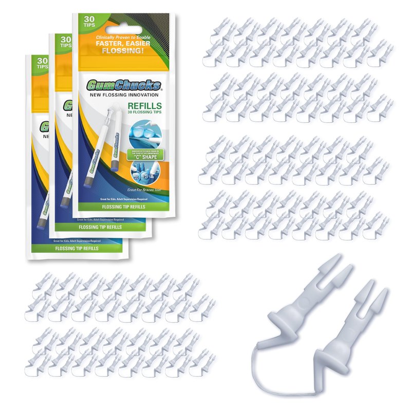 GumChucks Refill Tips - Floss Picks for Braces & Tight Teeth – Reusable Dual Handle Flosser – No Hands in Mouth - Easy for Kids, Adults & Seniors (90 Tips)