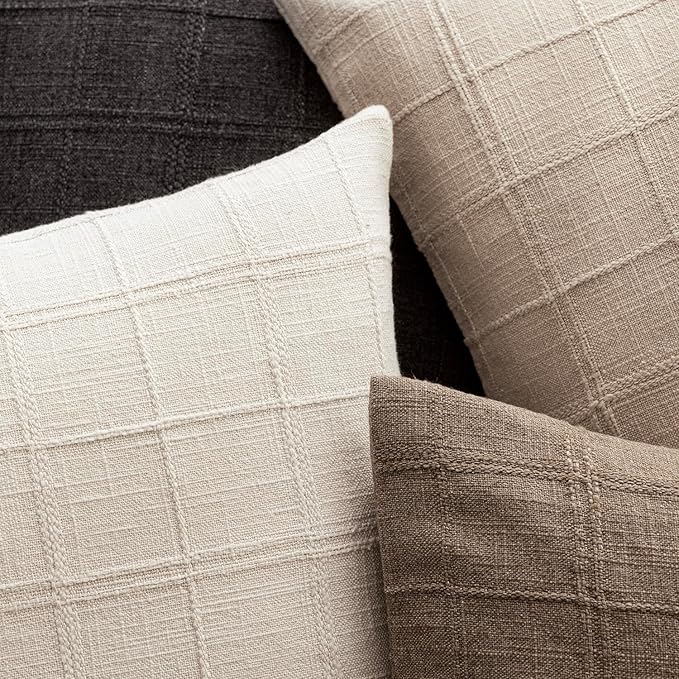 Foindtower Set of 2 Decorative Linen Check Throw Pillow Covers Neutral Farmhouse Vintage Cushion Covers Modern Boho Home Decor for Sofa Chair Couch Bedroom Living Room,26×26 Inch,Natural Beige
