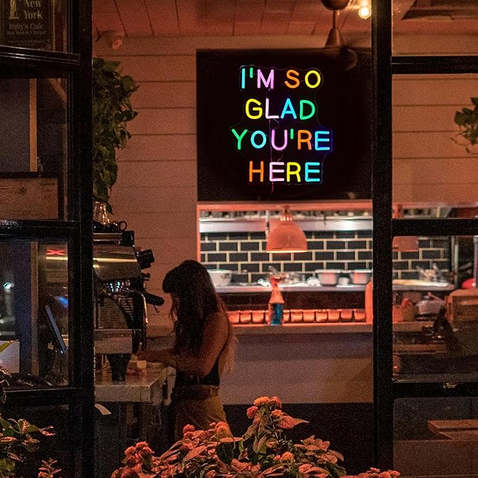 I’m So Glad You’re Here Neon Sign Dimmable Positive Affirmation LED Neon Light for Wall Decor USB Powered Multicolored Light Up Sign for Classroom Wedding Party Store Home Neon Decor