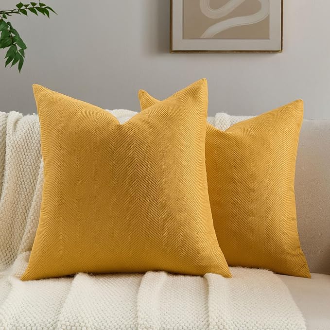 FUTEI Mustard Yellow Chenille Throw Pillow Covers 26x26 Inch Set of 2,Soft Wide Chevron Textured Euro Pillow Shams,Farmhouse Home Decor for Couch Bed Living Room