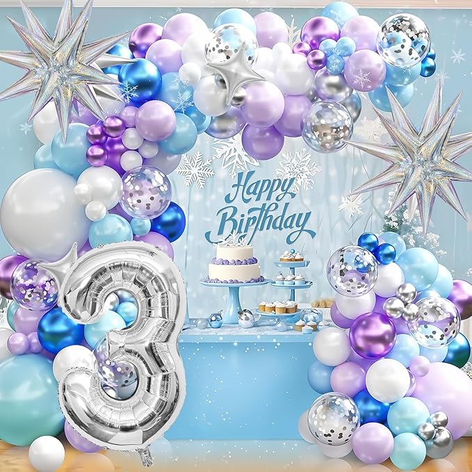 Snow 3rd Birthday Decorations Girl, Snowflake Balloon Garland Arch Kit, Laser Explosion Star Balloons, Silver Number 3 Balloon Tower for Baby Shower Girls 3rd Snow Theme Party Supplies