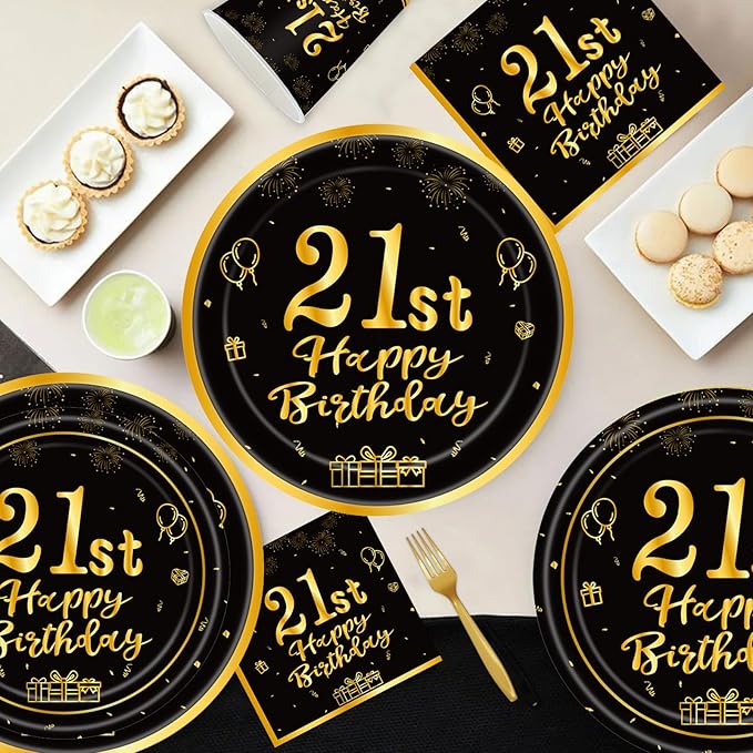 120Pcs 21st Birthday Party Supplies Plates Napkins Cups Forks Tableware Set Gold Black Happy 21st Birthday Themed Disposable Tableware Decoration Serves 24 Guests for Him Men 21 Years Old