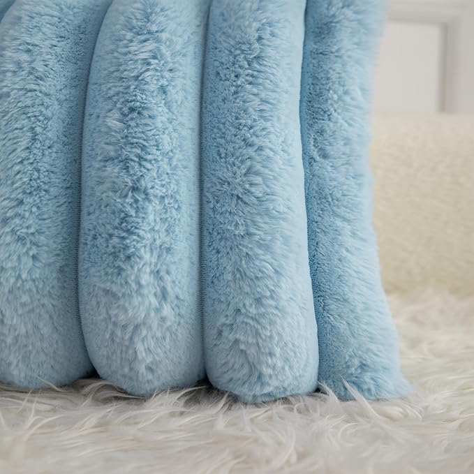 Neelvin Blue Faux Fur Cozy Soft Striped Decorative Throw Pillow Covers 16x16 inch Set of 2,Velvet Pillowcase Cushion Case for Sofa Couch