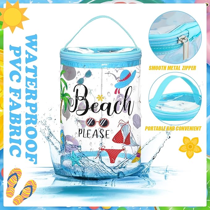 Sanwuta Beach Gifts Heavy Duty Clear Lotion Toiletry Bags for Travel Sunscreen Makeup Cosmetic Pouch Cylinder Bag Waterproof Portable Trip Bag with Handle Zipper(Beach Please)