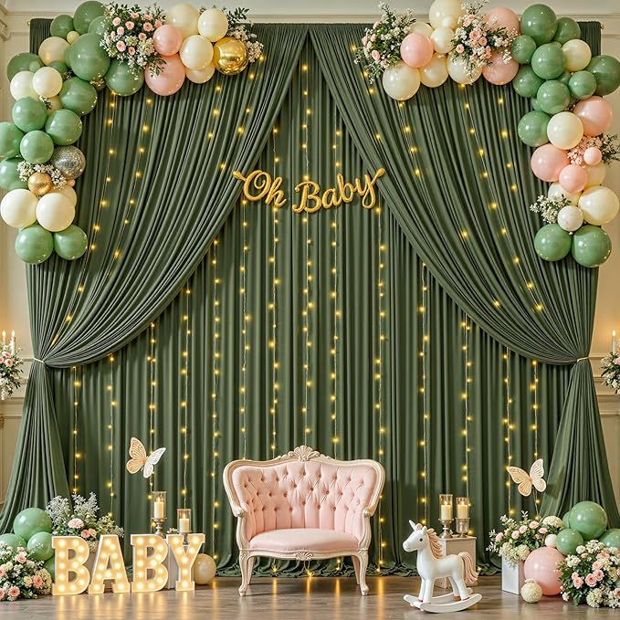10 x 10ft Hunter Green Backdrop Curtains with Lights String Polyester Photo Backdrop Drapes Wrinkle Free Dark Green Long Curtain for Birthday Party Wedding Reception Baby Shower Ceremony-10 x 5ft x 2P