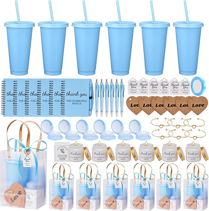 56Pcs Baby Shower Prizes for Game Winners Baby Shower Favors Gifts including Plastic Tumbler Notebook Scented Candles Ballpoint Pen Mirrors with Hair Brushes Bracelet Gift Bag (Blue)