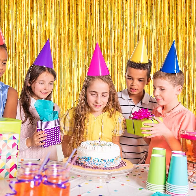 2Pack Gold Tinsel Backdrop, Birthday Decorations Foil Curtain Backdrop Gold Streamers Dance Party Door Decorations Photo Booth Props for Bachelorette Graduation Decorations Xas Halloween New Years Eve