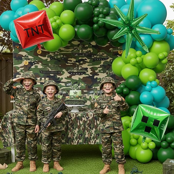 Video Game Balloon Arch Kit 138PCS Green Blue Balloon Arch Kit Pixel Theme Foil Block TNT Cube Balloons –Camo Gaming Party Decoration for Boy, Blue Green Black Garland for Gamer Birthday Game on Night