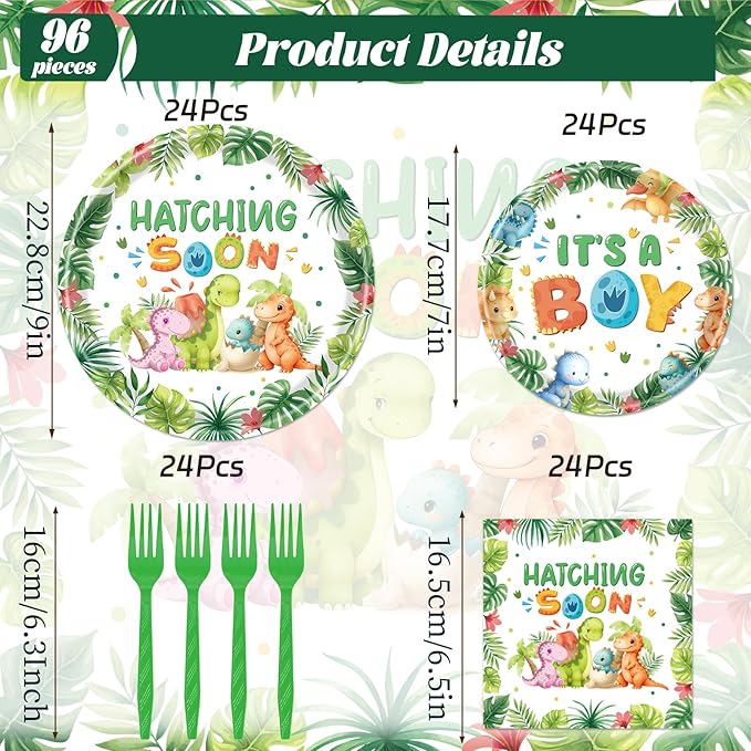 Rakuto Dinosaur Baby Shower Decorations, 96PCS Hatching Soon Baby Shower Disposable Paper Plates Napkins Party Decorations, Watercolor Dinosaur It's a Boy Forks Decor Supplies Serves 24