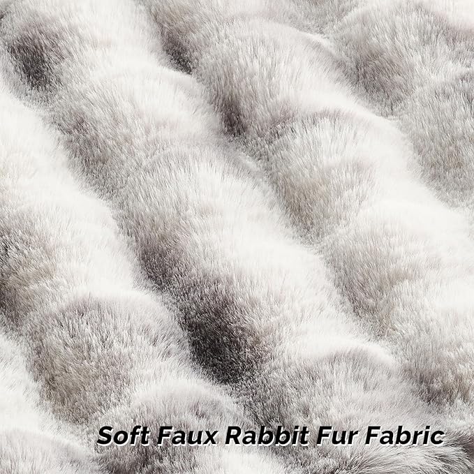 FUTEI Grey White Decorative Throw Pillow Covers 26x26 Inch Set of 2,Soft Fuzzy Faux Rabbit Fur Euro Pillow Shams with Raised Texture,Neutral Boho Home Decor for Couch Bed Living Room