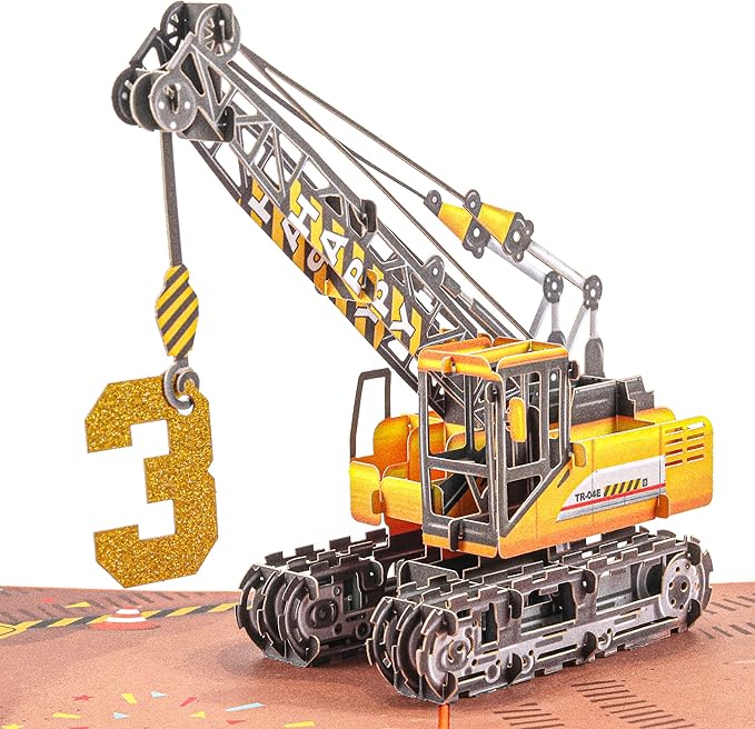 Liif Crane Truck Happy 3rd Birthday Card,3D Greeting Pop Up Birthday Card For 3 Years Old For Boy, Nephew, Grandson, Toddler,Fun Construction Vehicle Card,With Message Note & Envelop,Size 7x5 Inch