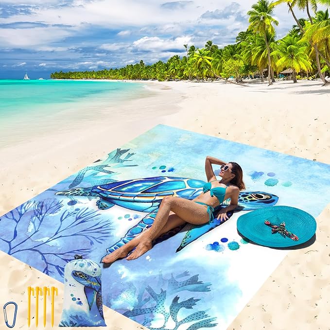 WIWIGO Beach Blanket Waterproof Sandproof Beach Mat 79" X 83"/10'x9'for 2-8 Adults Quick Drying Outdoor Picnic Mat Beach Accessories for Travel, Camping, Hiking