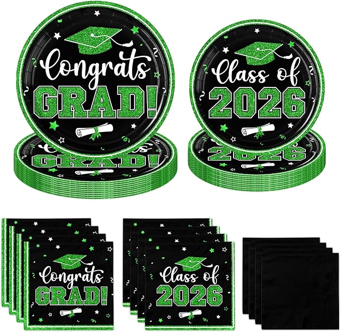Black and Green Graduation Decorations,200Pcs Black and Green Graduation Plates and Napkins Congrats Grad Class Of 2026 Plates for Graduatio Party Supplies ,Serve 50