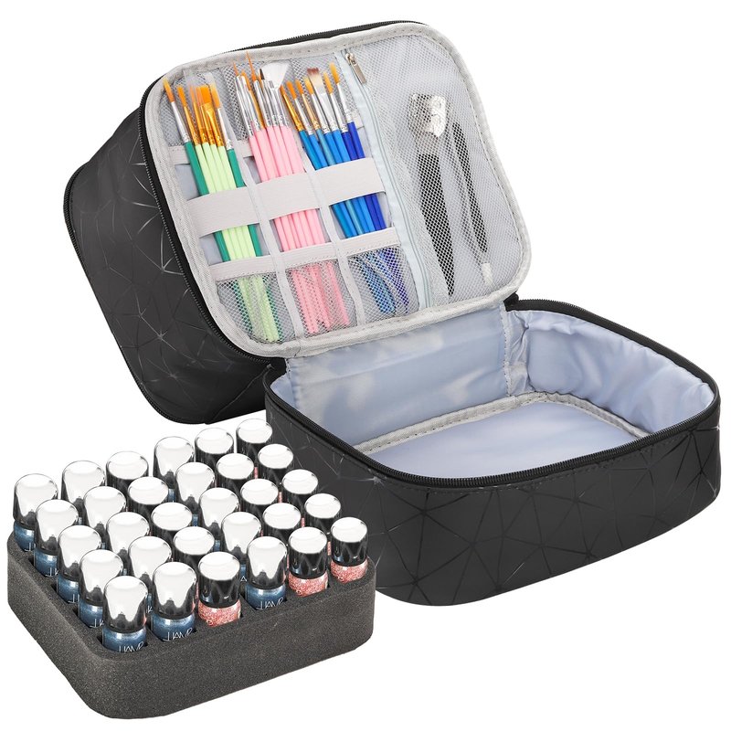 ZOOFOX Nail Polish Organizer Case, Double-Layer Nail Polish Carrying Bag with Handle, PU Leather Nail Organizers and Storage Bag for Manicure Accessories