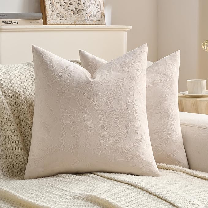 FUTEI Beige Velvet Throw Pillow Covers 16x16 Inch Set of 2,Soft Embossed Leaf-Relief Textured Cushion Cases,Natural Home Decor for Couch Living Room