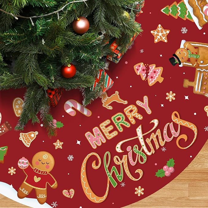 Capoda Red Christmas Tree Skirt Gingerbread Man Candy Christmas Tree Skirt 48 Inch Xmas Tree Mat Gingerbread Christmas Tree Skirts Mat for Holiday Christmas Party Decorations Indoor Outdoor