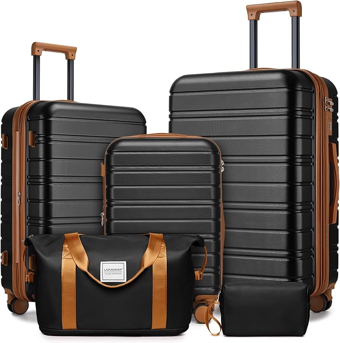 LARVENDER Luggage Sets 5 Piece Hardside Expandable Suitcase with Wheels Lock,Hardside Lightweight Rolling Suitcase for Women and Men,Black