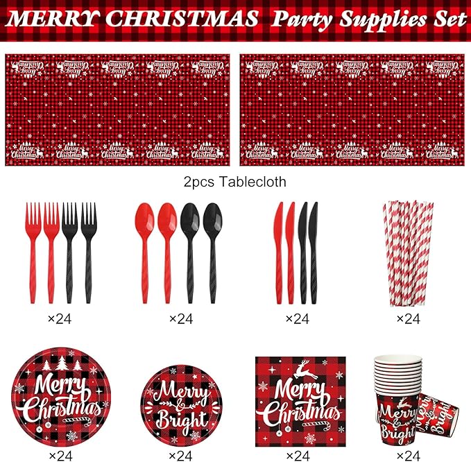 194 Pcs Christmas Buffalo Plaid Party Supplies Red Black Buffalo Plaid Plates Set Christmas Disposable Tableware and Tablecloth Party Set for Xmas Holiday Party Home Dinner Supply, Serves 24