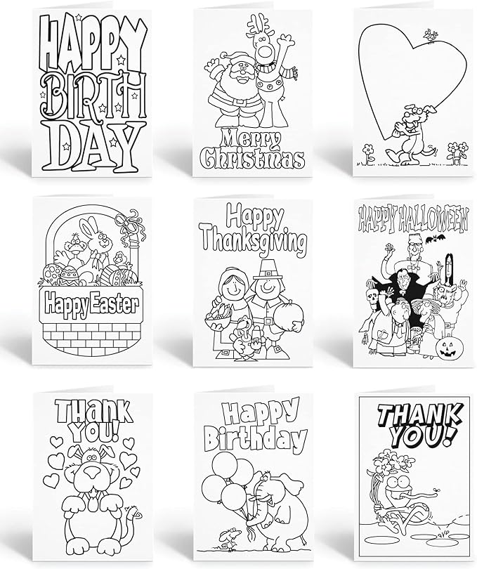 Stonehouse Collection | Kids Color-In Greeting Cards for All Occasions | Birthday, Thank You, Christmas, Halloween, Thanksgiving, Valentine's Day | Fun & Creative DIY Cards for Children (Holiday Assorted)