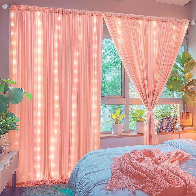 10 x 10ft Dusty Pink Backdrop Curtains with Lights String for Girls Party Photo Backdrop Drapes Wrinkle Free Polyester Curtains Backdrop for Birthday Wedding Reception Baby Shower Ceremony-5 x 10ft 2P