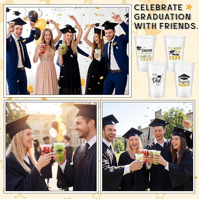 Yungyan 100 Pcs Frosted Graduation Cups 2026 Frosted Plastic Cups 16 oz Disposable Graduation Party Favors Congrats Grad Tableware Decoration for School Supplies
