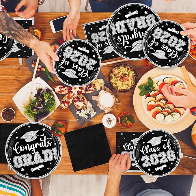 Graduation Plates and Napkins 2026,Black and Silver Graduation Decorations 200pcs Graduation Paper Plates and Napkins Graduation Party Supplies for Graduation Party Decorations,Serve 50
