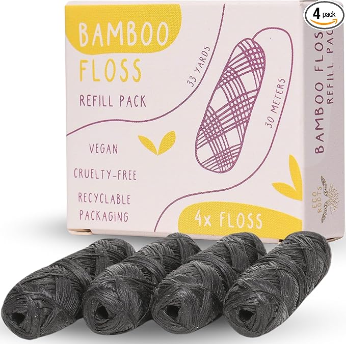 ECO ROOTS Organic Bamboo Floss Refill x4 Rolls, Eco Friendly Dental Charcoal Floss | Reusable & Vegan Bamboo Tooth Flossers | Zero Waste, Plastic Free, Biodegradable