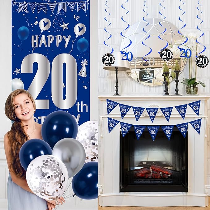 20th Birthday Decorations for Men Boys, Blue Silver Happy 20th Birthday Decorations Boys Girls with Bday Backdrop Banner Balloons Hanging Swirls Triangle Flag, 20 Year Old Party Supplies for Him