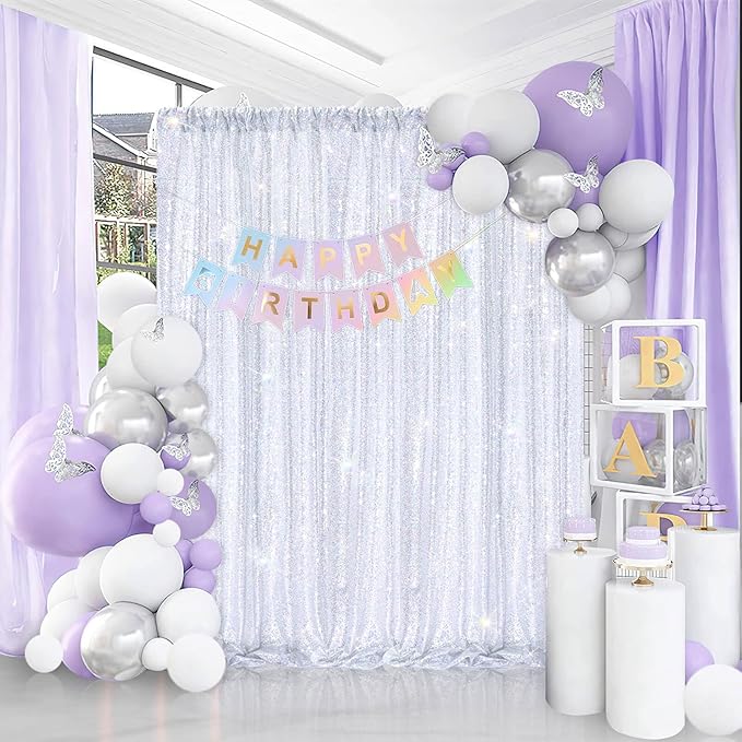 B-COOL 6 Panels Sequin Backdrop Curtains 2ftx8ft Laser Silver Sparkly Backdrop Fabric for Party Birthday Ceremony Stage Backgroumd Decorations