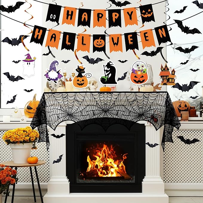 Halloween Decorations Indoor Set - Halloween Festive Decor Happy Halloween Banner Hanging Swirls & Spider Web Table Runner & Mantel Scarf & 3D Bat Sticker for Spooky Haunted House Home Kitchen Decor